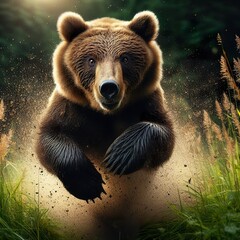 Obraz premium High-speed photography of a bear Jumping in the tall grass, motion blur and a fast shutter speed