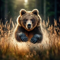 Obraz premium High-speed photography of a bear Jumping in the tall grass, motion blur and a fast shutter speed