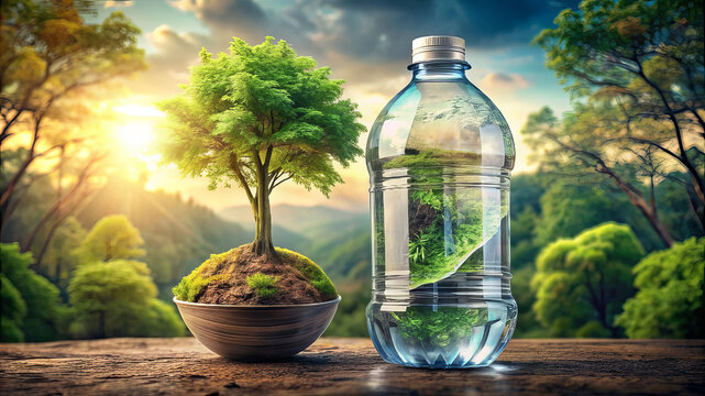 In the image, there is a bottle of water placed next to a tree in a pot - Powered by Adobe