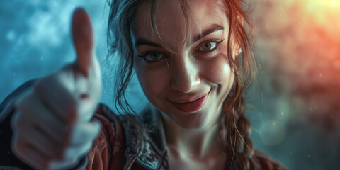 photo of a woman smiling while giving a thumbs up, photobashing, strong facial expression, photo-realistic techniques, grid-based, uhd image, 32k uhd, in the style of hyper-realistic portraiture 