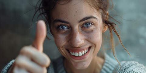 photo of a woman smiling while giving a thumbs up, photobashing, strong facial expression, photo-realistic techniques, grid-based, uhd image, 32k uhd, in the style of hyper-realistic portraiture 