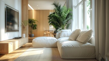 Fototapeta premium Light and cozy modern living room, plant. Generative AI.