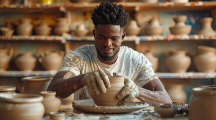 A young black man working with clay in a pottery shop, natural sunlight. Generative AI.