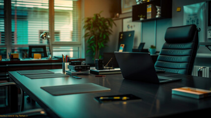 Office desk with modern gadgets, sleek laptop, minimalist decor, sunlight streaming in, productivity vibes, realistic detail, business ambiance