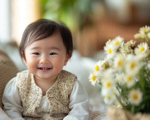 smiling asian baby, in the style of depth of field, soft-focus, in the style of joyful celebration of nature, macro zoom, in the style of high-key lighting, clean-lined, emotive faces 