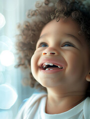 smiling afro baby, in the style of depth of field, soft-focus, in the style of joyful celebration of nature, macro zoom, in the style of high-key lighting, clean-lined, emotive faces