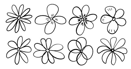 Vector set of botanical flowers in doodle style isolated on white background. Hand drawn flower icons.