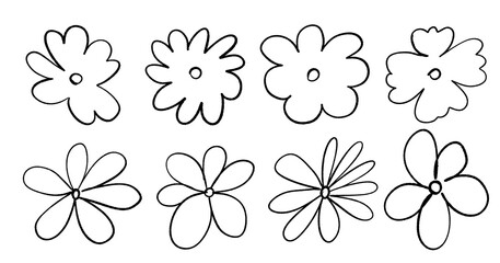Set of decorative vector flowers in doodle style isolated on white background. Simple vector flower icons.
