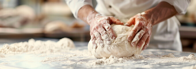 baker passionately kneading dough on a flour-dusted countertop, meticulous and artisanal, in the style of mastery, with warm and inviting tones, close-up shot, stock photo 