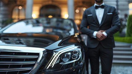 Professional driver near luxury car, closeup. Chauffeur service