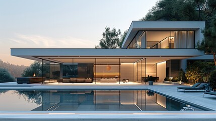 Fototapeta premium Simple high-end villa, transparent glass curtain wall. Generative AI.