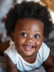 smiling afro baby, in the style of depth of field, soft-focus, in the style of joyful celebration of nature, macro zoom, in the style of high-key lighting, clean-lined, emotive faces