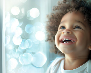 smiling afro baby, in the style of depth of field, soft-focus, in the style of joyful celebration of nature, macro zoom, in the style of high-key lighting, clean-lined, emotive faces