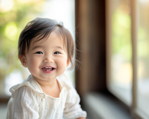 smiling asian baby, in the style of depth of field, soft-focus, in the style of joyful celebration of nature, macro zoom, in the style of high-key lighting, clean-lined, emotive faces 