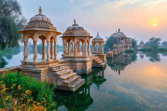 Sandstone chattri domes by lake at sunrise