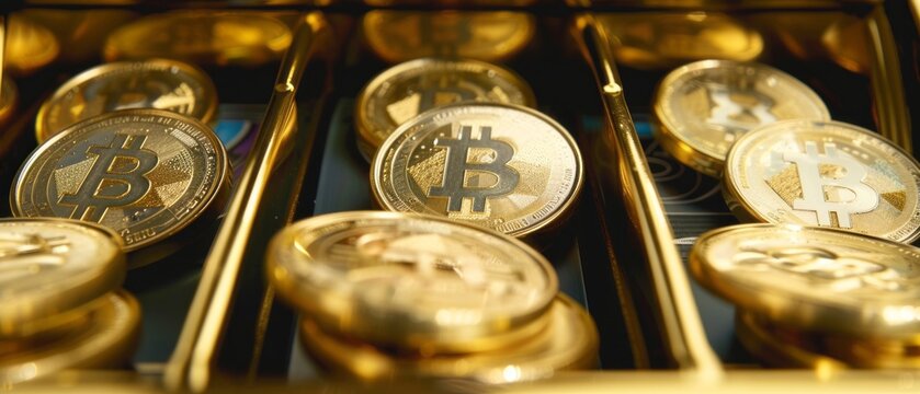 Golden Bitcoin Coins Stacked in a Cash Register Drawer - Powered by Adobe