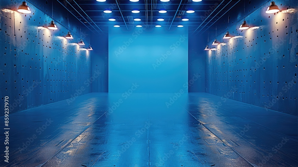 Poster blue studio background wall for recording interviews. generative ai.