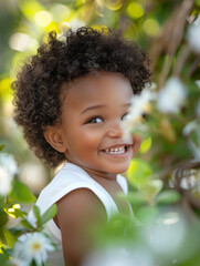 smiling afro baby, in the style of depth of field, soft-focus, in the style of joyful celebration of nature, macro zoom, in the style of high-key lighting, clean-lined, emotive faces