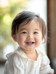 smiling asian baby, in the style of depth of field, soft-focus, in the style of joyful celebration of nature, macro zoom, in the style of high-key lighting, clean-lined, emotive faces 