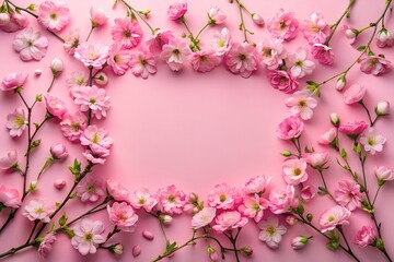 Fototapeta premium A frame made of pink flowers on a pink background