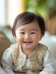 smiling asian baby, in the style of depth of field, soft-focus, in the style of joyful celebration of nature, macro zoom, in the style of high-key lighting, clean-lined, emotive faces 