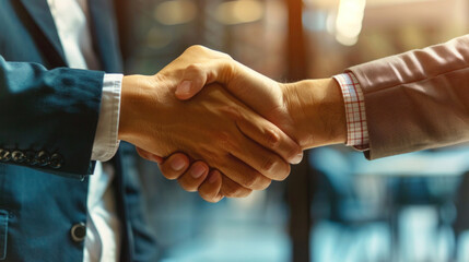 Professional image of a handshake between businessmen, representing a business meeting and partnership agreement. Copy space available for concepts and branding.