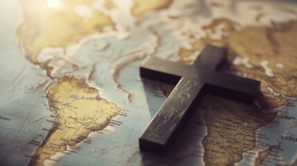 Christian cross lying on the world map. Holy cross of Jesus Christ and world map. Global mission and evangelism concept. Telling all the people about Jesus. 