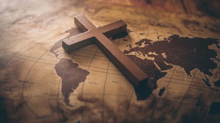 Christian cross lying on the world map. Holy cross of Jesus Christ and world map. Global mission and evangelism concept. Telling all the people about Jesus. 