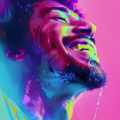 man laughing , in the style of photo-realistic compositions, neon pop, close up, warmcore, emotive faces, photo-realistic hyperbole, in the style of magenta, contemporary candy-coated, high gloss, vib