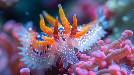 Vibrant Underwater Sea Slug with Colorful Tentacles and Coral Background in Marine Environment