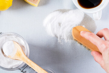 Ecological method of stain removing with baking soda. Embracing a zero-waste lifestyle and care for nature. dirty stains in daily life. 