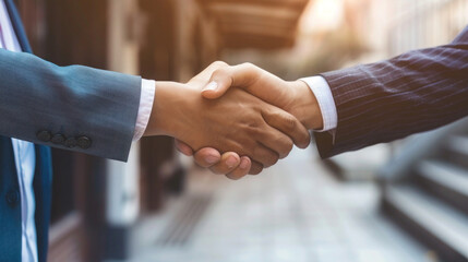 Professional image of a handshake between businessmen, representing a business meeting and partnership agreement. Copy space available for concepts and branding.