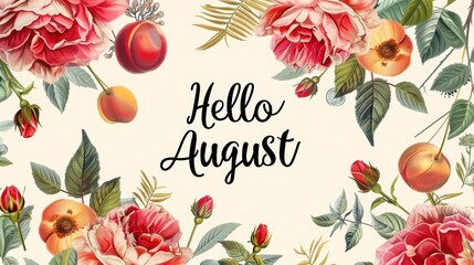 Inscription "Hello August". August month vector with English garden rose and peaches flowers on white background, August month illustration