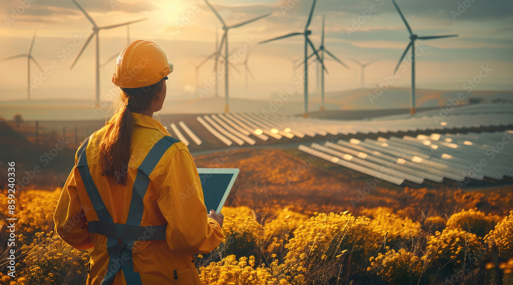 Poster Engineers, woman and man with tablet in yellow work overalls, looking in the same direction, working on the site in front of wind turbines and solar fields. Generative AI.