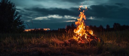The fire at night in the field. Camping concept. Cozy fire in a natural spot. Summer atmosphere.