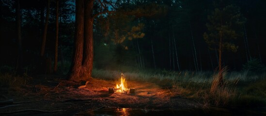 The fire at night, Fire in the woods or forest. Camping trip concept. Cozy fire or bonfire in a natural spot.