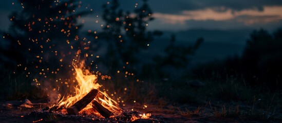 The fire at night, Fire in the woods or forest. Camping trip concept. Cozy fire or bonfire in a natural spot.