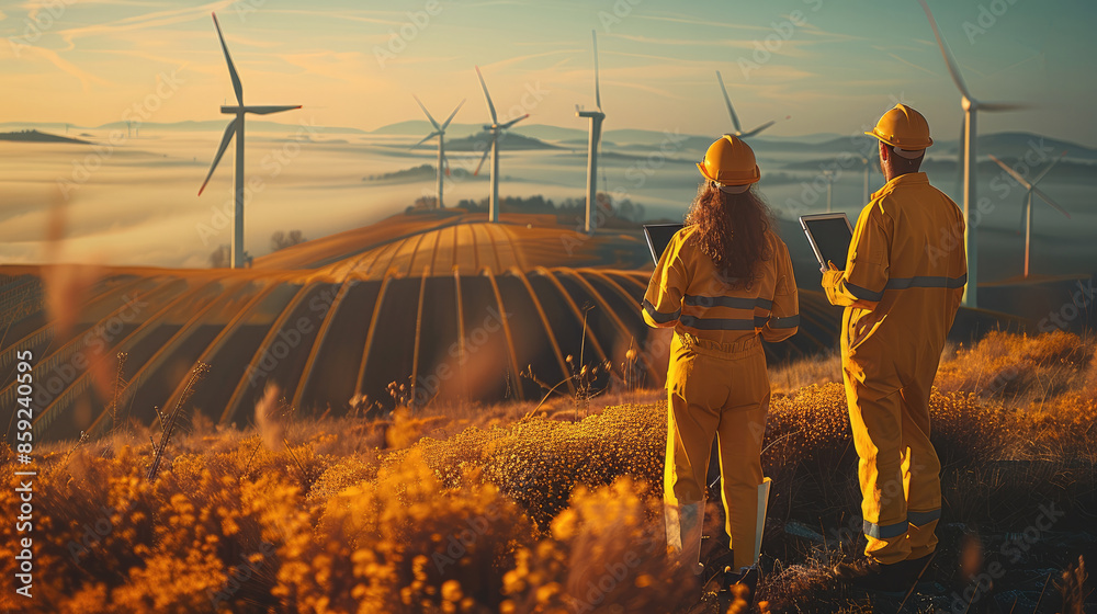Poster Engineers, woman and man with tablet in yellow work overalls, looking in the same direction, working on the site in front of wind turbines and solar fields. Generative AI.