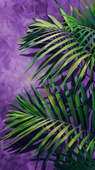 Fototapeta premium Green palm leaves on purple background, botanical concept