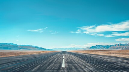 Fototapeta premium A long, straight runway in the desert leads to a mountain range in the distance.