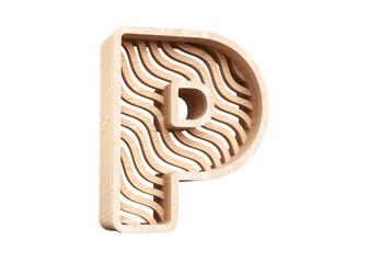 Wooden font letter P with wavy line pattern. Realistic design suitable for headers, posters, advertisements or web projects. Highly detailed 3D rendering.