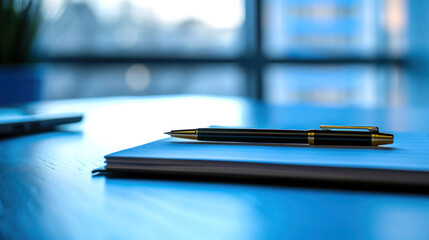 Professional photo of a notepad and pen arranged on a table, emphasizing business readiness in a blue-toned atmosphere. Perfect for conveying preparation and organization before a meeting.