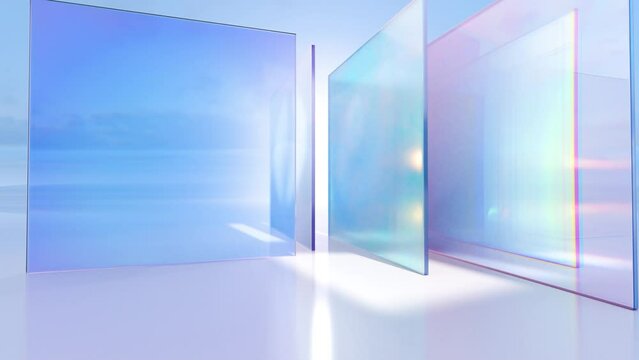 
Colorful glossy glass with reflections. A video render of a camera flying around a translucent glass plane. The 3D render features a spinning and rotating square of glass.