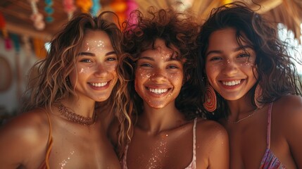 Fototapeta premium Three women with glitter on their faces smiling and having fun outdoors, embodying a sense of carefree spirit and playful friendship in a festive environment.