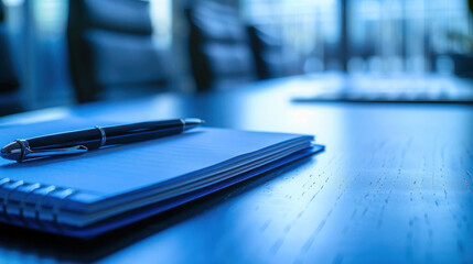 Professional photo of a notepad and pen arranged on a table, emphasizing business readiness in a blue-toned atmosphere. Perfect for conveying preparation and organization before a meeting.