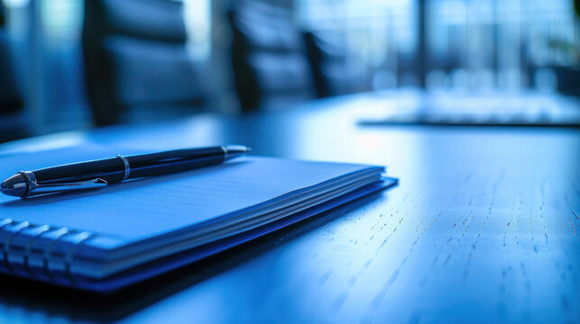 Professional photo of a notepad and pen arranged on a table, emphasizing business readiness in a blue-toned atmosphere. Perfect for conveying preparation and organization before a meeting.