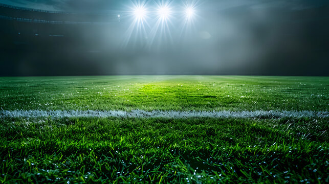 Soccer stadium grass field illuminated by spotlights and empty green soccer grass playground, arena or stadium digital background advertisement background