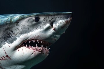Naklejka premium Mystic portrait of Great White Shark, copy space on right side, Anger, Menacing, Headshot, Close-up View