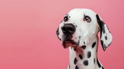 Dalmatian dog portrait on pink background with copy space