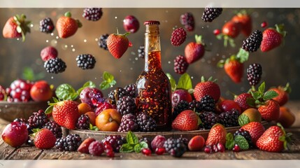 Write a poem inspired by the image of the levitating bottle of fruit sauce, using imagery of magic and transformation to evoke the sensory experience of tasting the sauce 8K , high-resolution, ultra  